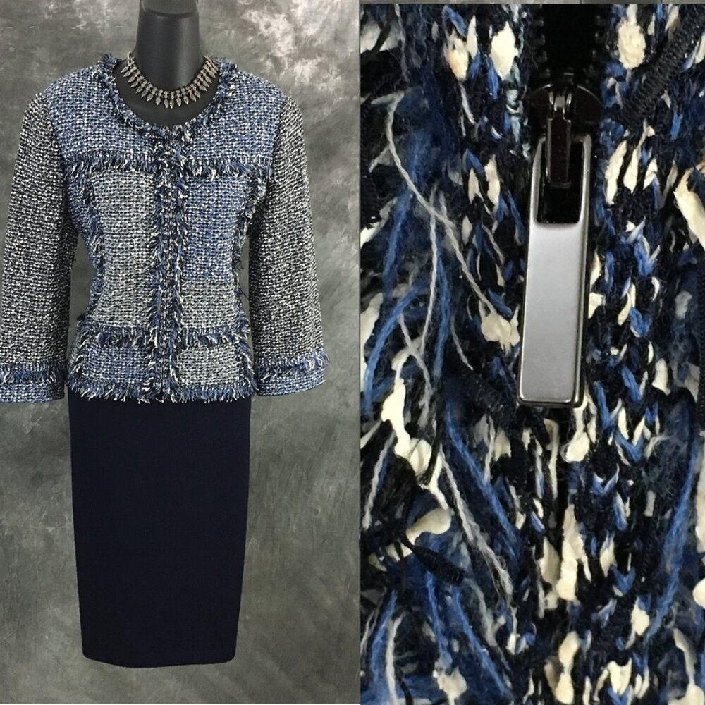 BEAUTIFUL St John knit blue multi jacket skirt suit size 10